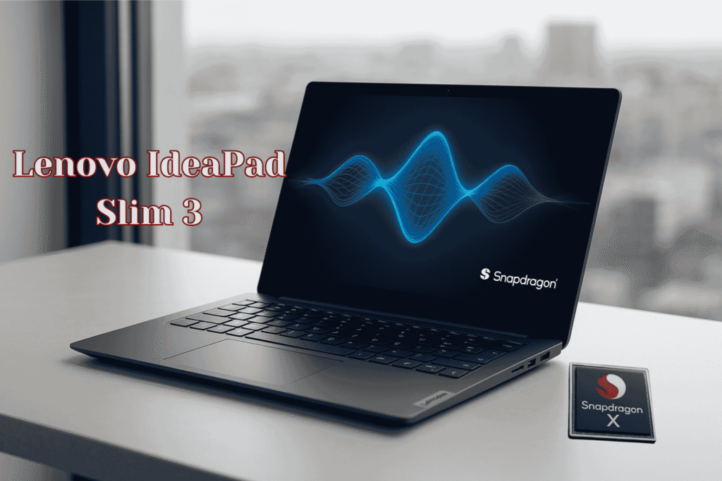 "Lenovo IdeaPad Slim 3 is placed on the table showing it's sleek design"