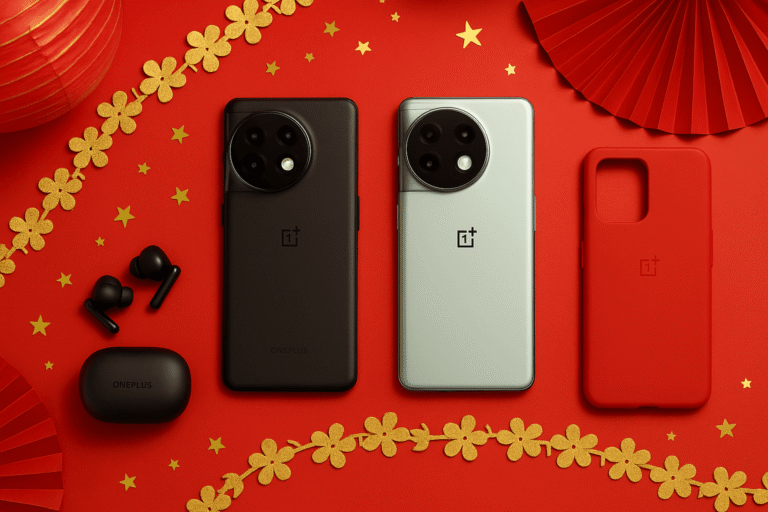 "Group of OnePlus phones lined up together"