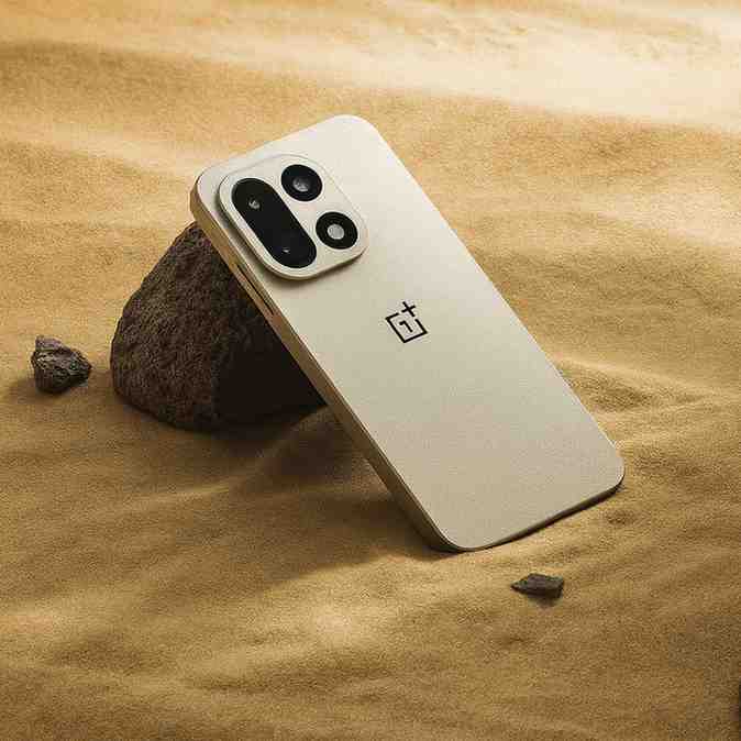 Realistic product photo of a beige OnePlus smartphone resting against a rock on fine sand, featuring dual rear cameras, the OnePlus logo, and soft natural lighting for an elegant, minimalist aesthetic.