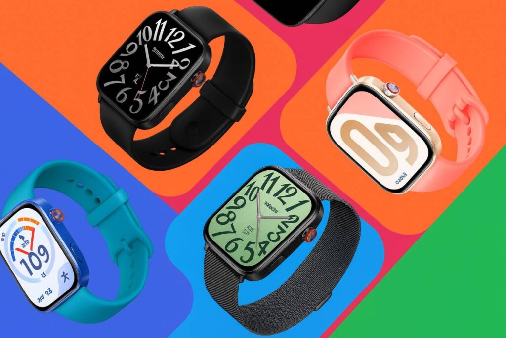 A vibrant digital render showing five colorful smartwatches in various shades black, coral pink, teal blue, dark grey, and gold displayed diagonally against a lively multicolor background of orange, blue, green, and pink. Each watch has a unique watch face design, highlighting style and variety.
