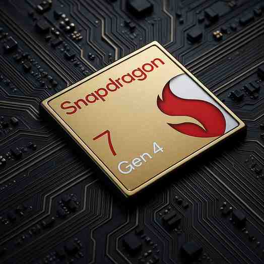 Close-up of the Snapdragon 7 Gen 4 processor chip on a black motherboard, showing the gold and red Snapdragon logo and detailed circuitry design.