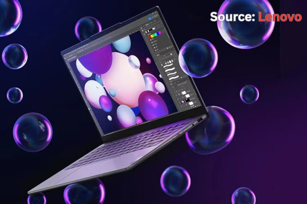 Lenovo Yoga Slim 7i Aura Edition in silver and lavender finishes, angled to show thin profile and Aura finish.