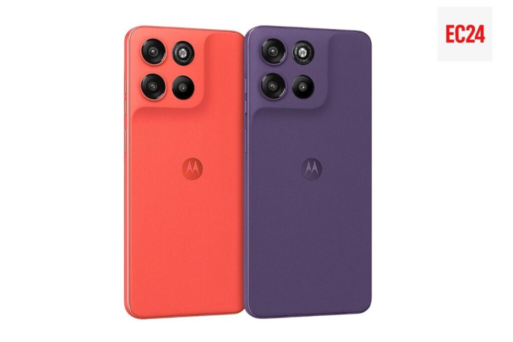 Moto G67 Power 5G in vegan leather finish, shown in orange and Parachute Purple color variants with triple rear cameras