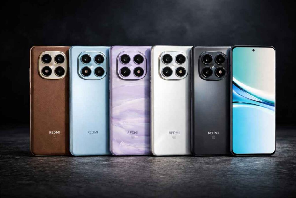 Redmi Note 15 smartphones in multiple colour variants displayed side by side on a dark background, highlighting the rear camera design and front display.