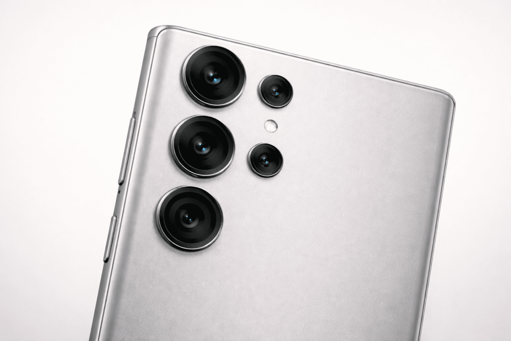 Leaked render of the Samsung Galaxy S26 Ultra rear camera module in Titanium Silver. Close-up view of the minimalist floating lens design and premium metal chassis.