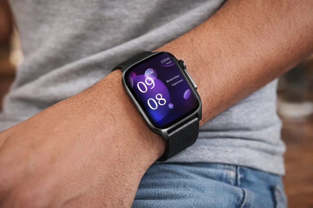 "Close-up of a person wearing a black square smartwatch with a purple-themed digital watch face showing 23,000 steps."