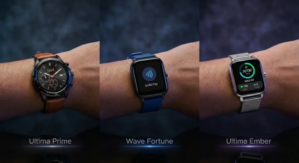 A side-by-side comparison of three boAt smartwatches: the circular boAt Ultima Prime with a leather strap, the boAt Wave Fortune with boAt Pay, and the boAt Ultima Ember with a metallic mesh strap.