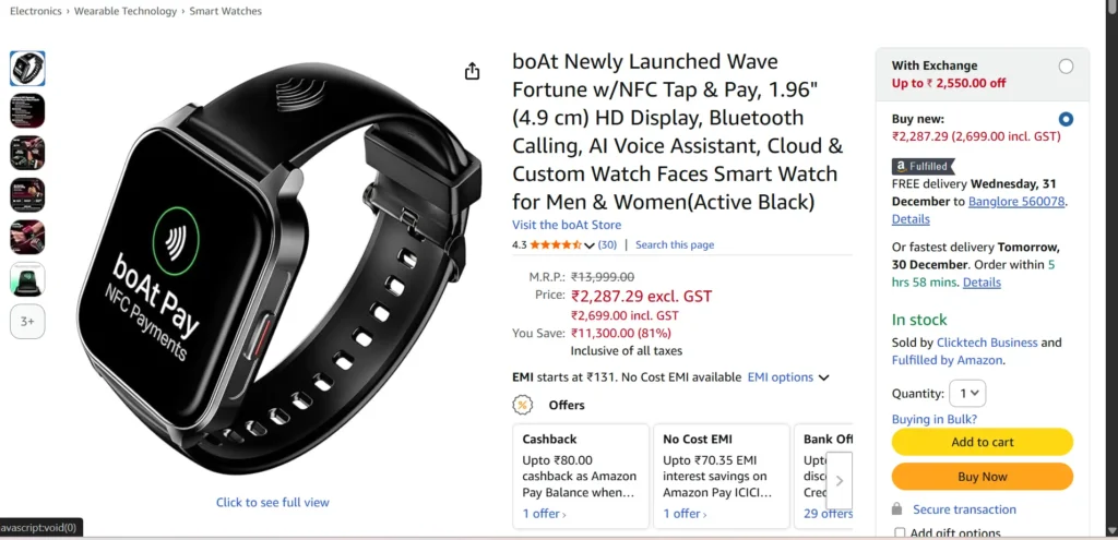 "boAt Wave Fortune smartwatch in Active Black featuring NFC Tap and Pay and 1.96 inch display."
