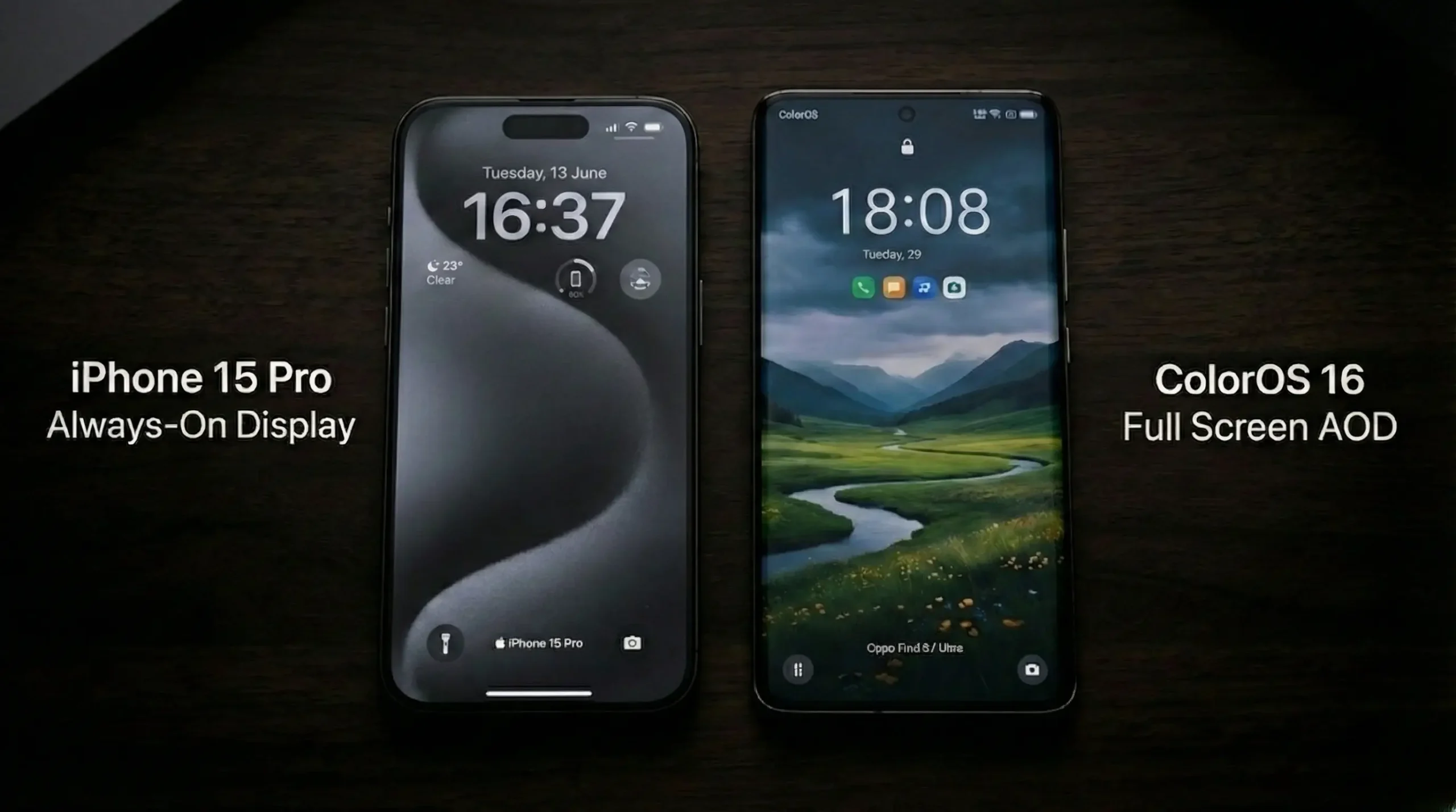 "A side-by-side comparison of the ColorOS 16 Full Screen AOD on an Oppo phone and the Always-On Display on an iPhone 15 Pro."