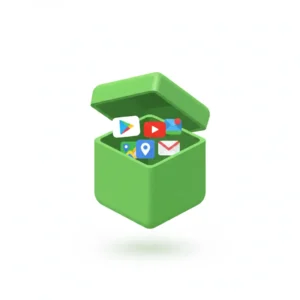 A 3D green box graphic containing Google Play Store, YouTube, and Gmail icons, illustrating the GBox method to install Google services on the Huawei MatePad 11.5 (2026).