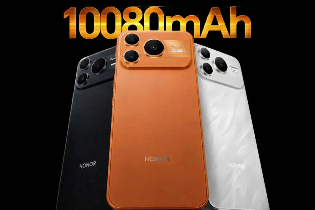 Official render of the Honor Power 2 in Sunrise Orange, Black, and White, featuring a record-breaking 10,080mAh battery.