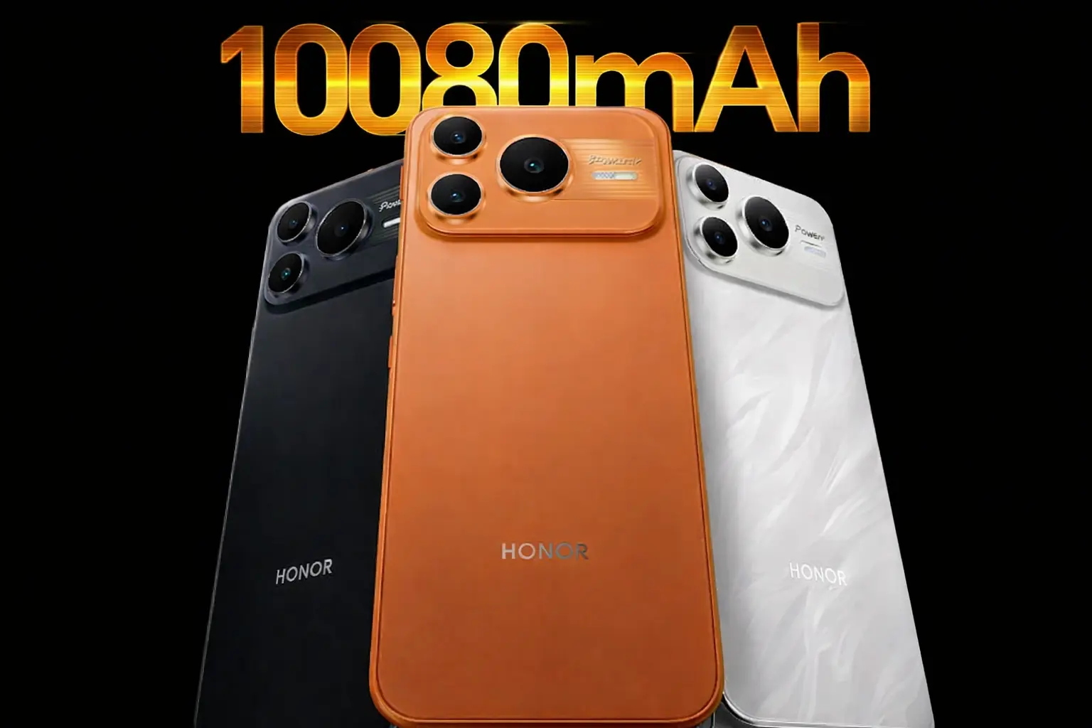 Official render of the Honor Power 2 in Sunrise Orange, Black, and White, featuring a record-breaking 10,080mAh battery.
