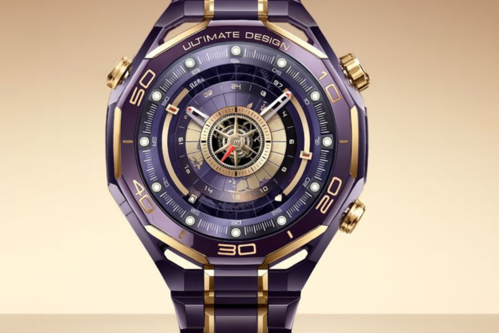 Huawei Watch Ultimate Design Royal Gold Edition centered on a beige gradient background, featuring an 18K gold-accented bezel, purple ceramic case, and luxury metal bracelet.