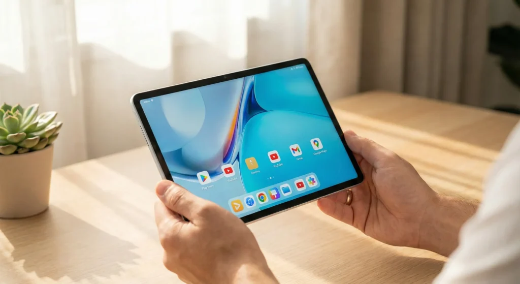 A person holding the new Huawei MatePad 11.5 (2026) in a sunlit office, showing a working Google Play Store, YouTube, and Gmail app icons on the HarmonyOS 5.1 home screen.