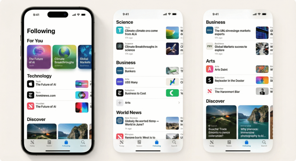 Three iPhone screens showing the updated Apple News layout with the new Following tab in iOS 26.2.