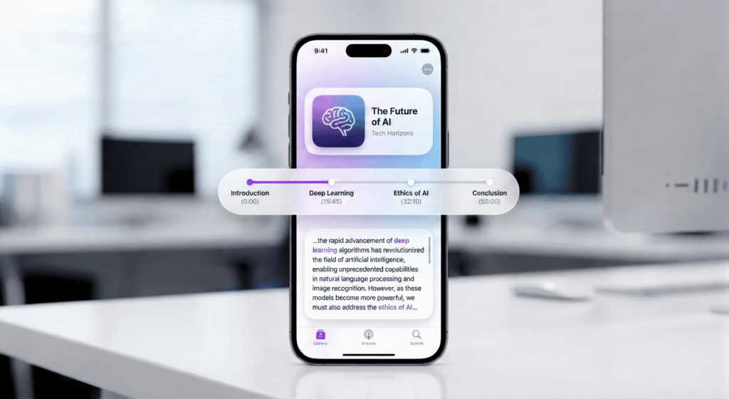 Apple Podcasts showing automatic episode chapters on an iPhone.