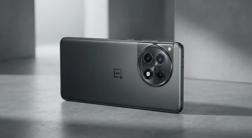 Close-up realistic render of a futuristic 2026 flagship smartphone with a brushed titanium frame and advanced triple camera module in a low-light setting.