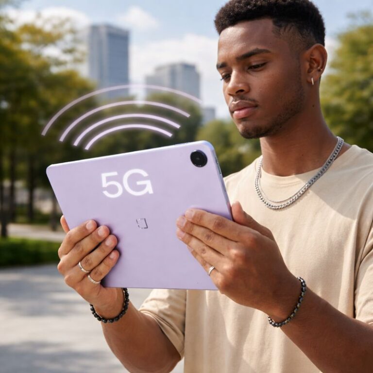Man using the OnePlus Pad Go 2 with 5G connectivity outdoors, showcasing the tablet’s rear design and cellular network support
