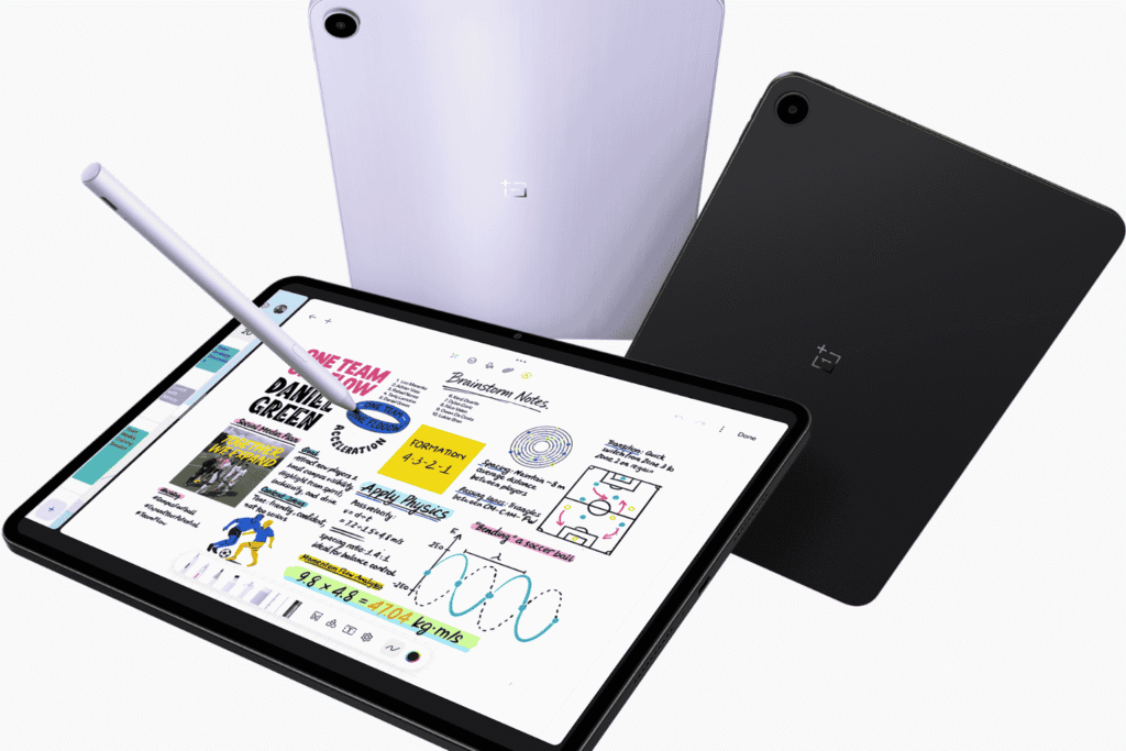 OnePlus Pad Go 2 tablet shown in Shadow Black and Lavender Drift colours with stylus support and note-taking interface displayed on screen