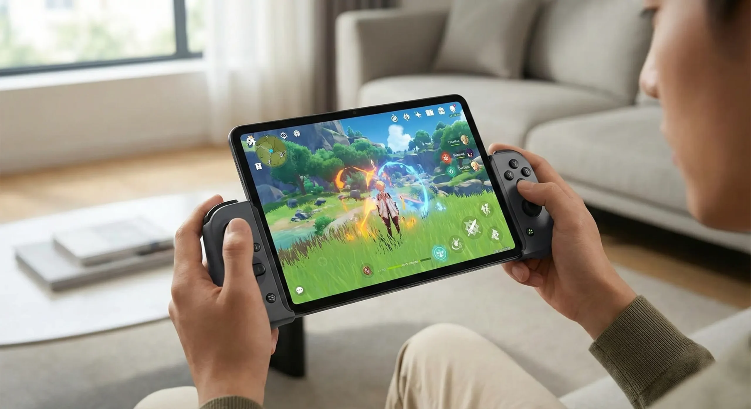 A person playing Genshin Impact on the Oppo Pad 5 tablet using a split mobile gaming controller in a living room.