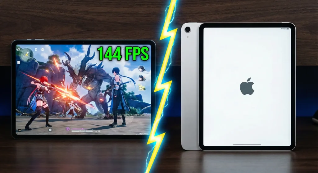 Gaming comparison between Oppo Pad 5 at 144 FPS and an iPad Air, separated by a lightning bolt.
