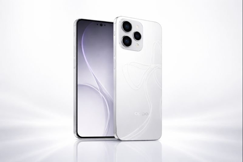 Oppo Reno 15 5G Glacier White with ribbon-style holographic design and triple camera setup