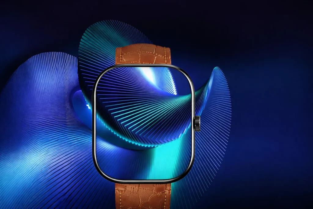 "A high-end rectangular smartwatch with a brown textured leather strap against a vibrant blue digital background."