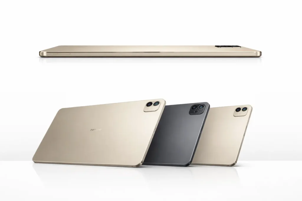 Side view and rear view of the Realme Pad 3 in three colors, highlighting its ultra-slim profile despite the 12,200mAh battery.