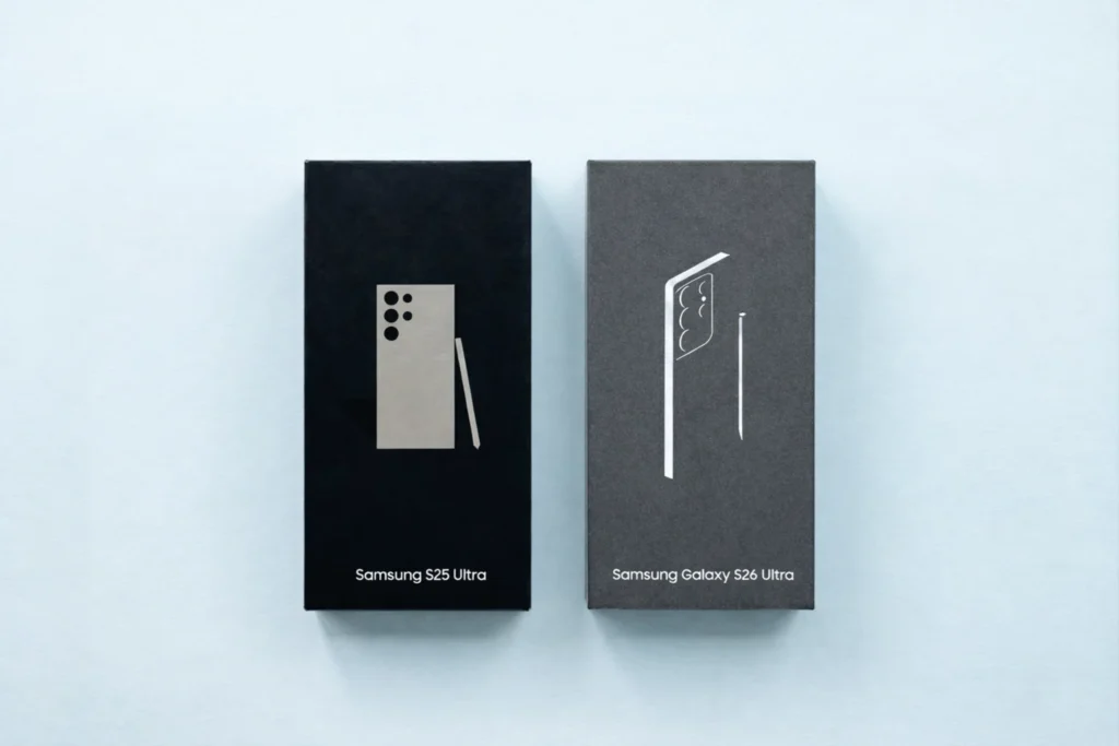 Comparison of the Samsung Galaxy S25 Ultra and the upcoming Samsung Galaxy S26 Ultra retail boxes side by side in the center of the frame.