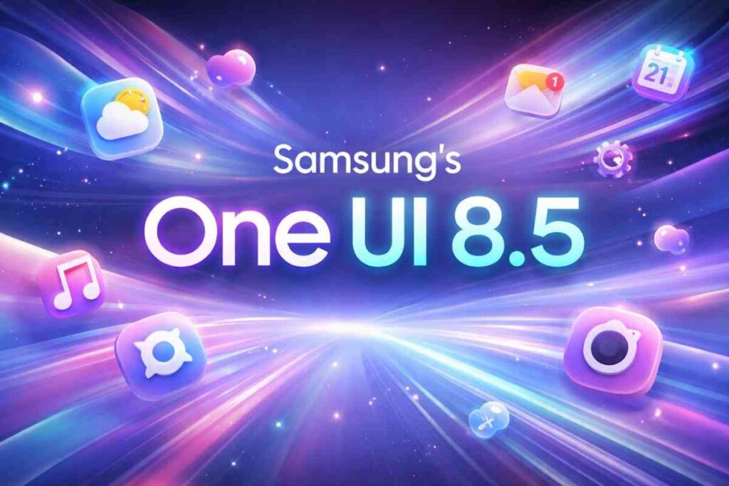 showcasing Samsung’s One UI 8.5 with glowing typography and floating app icons on a colorful, futuristic background.