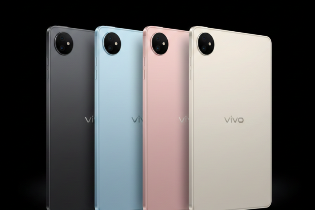 Vivo Pad 5 Pro Soft Light Edition shown from the rear in four colour options, highlighting the slim metal design and circular camera module.