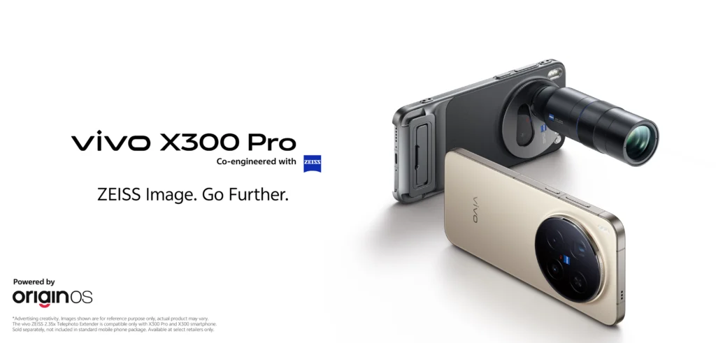 Vivo X300 Pro smartphone shown with ZEISS telephoto lens attachment, highlighting the rear camera module and accessory design.