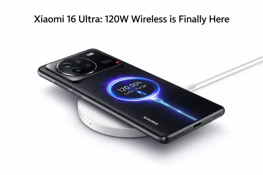 Xiaomi 16 Ultra shown on a wireless charging pad with animated charging ring, highlighting 120W wireless charging support in an official-style render.