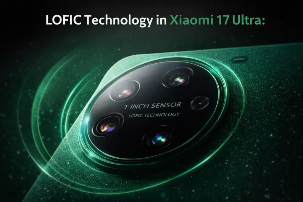 Technical close-up of the Xiaomi 17 Ultra camera lenses with overlays for "1-Inch Sensor" and "LOFIC Technology," featuring futuristic green light accents.