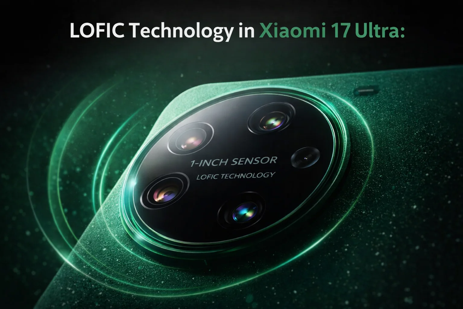 Technical close-up of the Xiaomi 17 Ultra camera lenses with overlays for "1-Inch Sensor" and "LOFIC Technology," featuring futuristic green light accents.