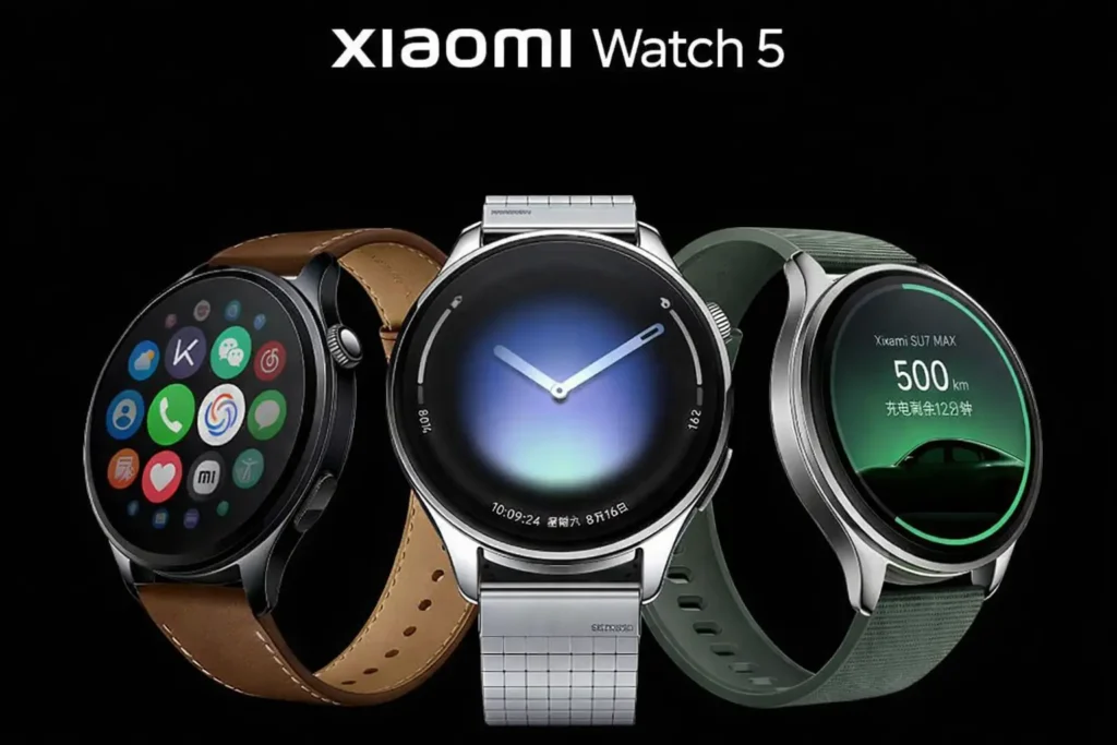 Official render of three Xiaomi Watch 5 models showing the stainless steel casing, leather and silicone bands, and the new HyperOS 3 interface.