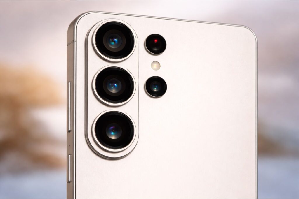 "Close-up macro image of the Samsung Galaxy S26 Ultra rear camera module showing three large circular lenses, additional sensors, and an LED flash on a matte silver back panel."