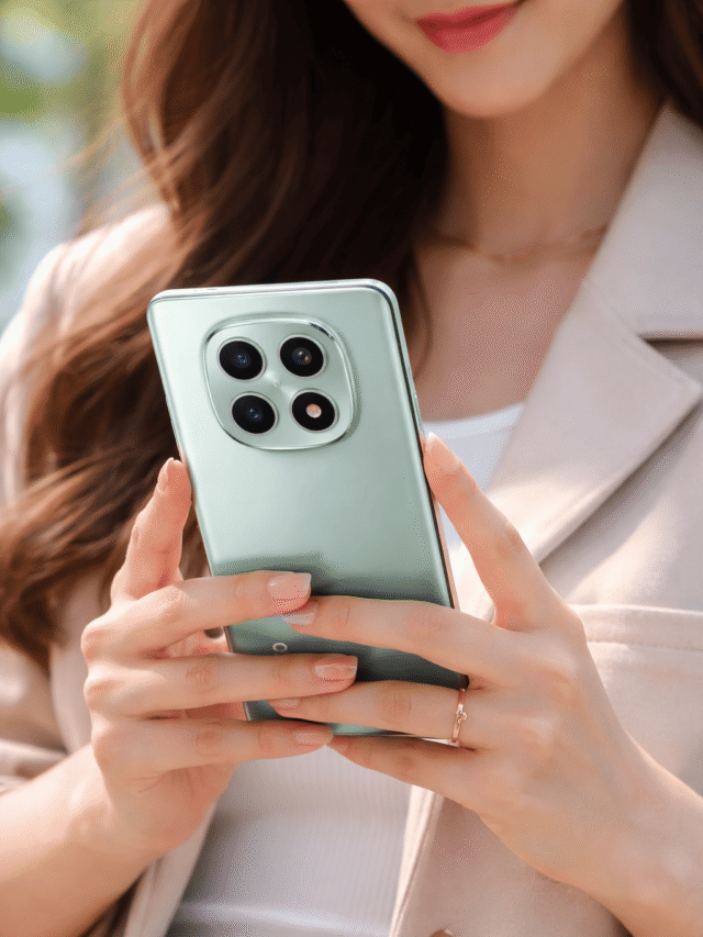 Person using a mint green POCO smartphone with quad-camera design in a real-life outdoor setting