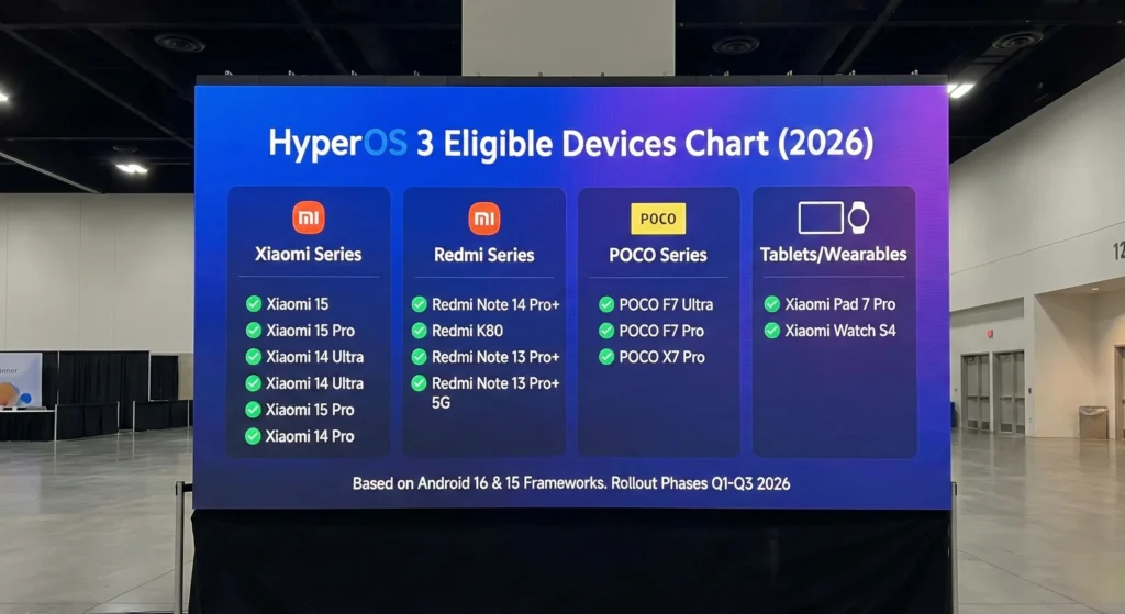 HyperOS 3 eligible devices chart for 2026, listing Xiaomi 15 series, Redmi Note 14 series, POCO F7 series, and wearables.