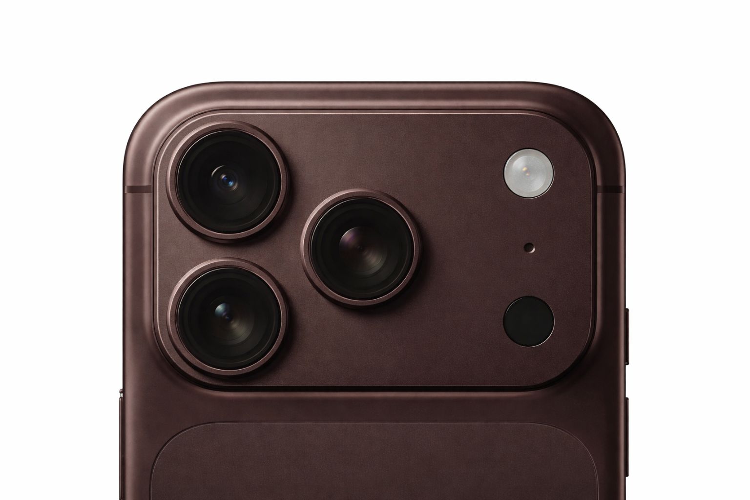 Close-up of the iPhone 18 Pro rear camera module showing a triple-lens setup with flash and sensor in a square housing