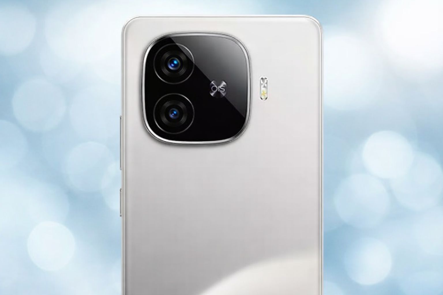 "iQOO Neo 10R smartphone rear design showing dual-camera module and silver finish against a soft blue background"