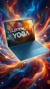 A blue Lenovo Yoga laptop floating mid-air against a vibrant, swirling nebula background of fiery reds, oranges, and deep blues. The laptop screen displays the text "Lenovo YOGA" overlaid on a matching colorful artistic graphic depicting an eye and clouds.