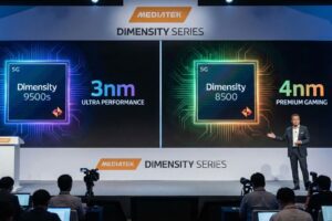 "A photograph of a MediaTek press conference stage where an executive presents alongside large screens announcing the 'Dimensity 9500s 3nm Ultra Performance' and 'Dimensity 8500 4nm Premium Gaming' chipsets."