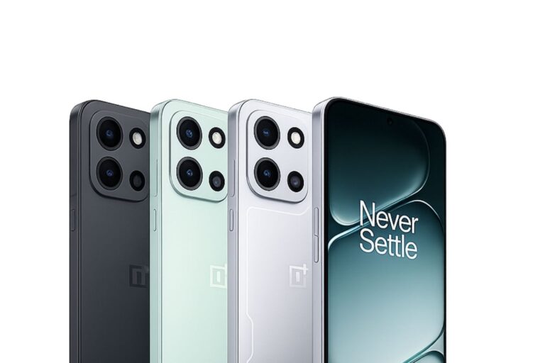 A lineup of the upcoming OnePlus Nord 6 smartphones in three colors with the "Never Settle" slogan on the screen, slated for an India launch in early 2026.