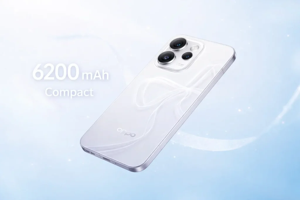 "Official rear view of the Oppo Reno 15 Pro Mini in Glacier White, showcasing the exclusive ribbon-style finish and its triple-camera module."