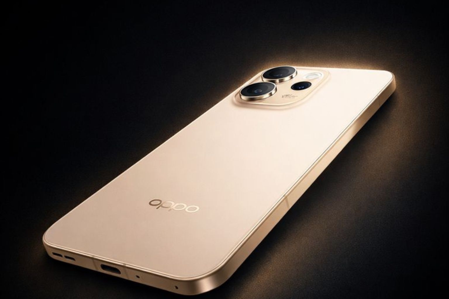 Rear design of Oppo Reno 15 Pro in gold color highlighting the camera module on a dark studio background