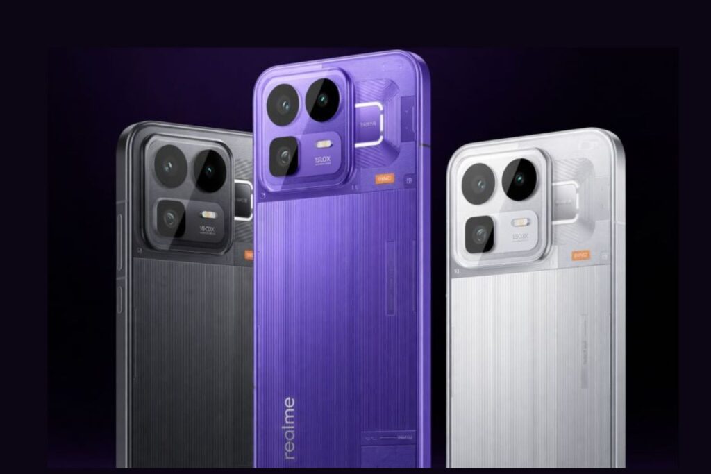 realme Neo 8 shown in multiple color options, highlighting the rear design and camera module, featuring a large 8,000 mAh battery and 165 Hz display support