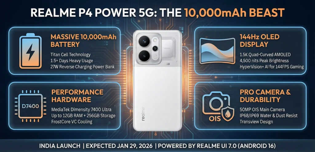 "Realme P4 Power 5G: The 10,000mAh Beast," detailing key features. It highlights the massive 10,000mAh battery with 27W reverse charging, a 144Hz 1.5K curved OLED display, MediaTek Dimensity 7400 Ultra processor with FrostCore cooling, and a 50MP OIS main camera with IP68/IP69 durability. The bottom text indicates an expected India launch on January 29, 2026, with Realme UI 7.0.