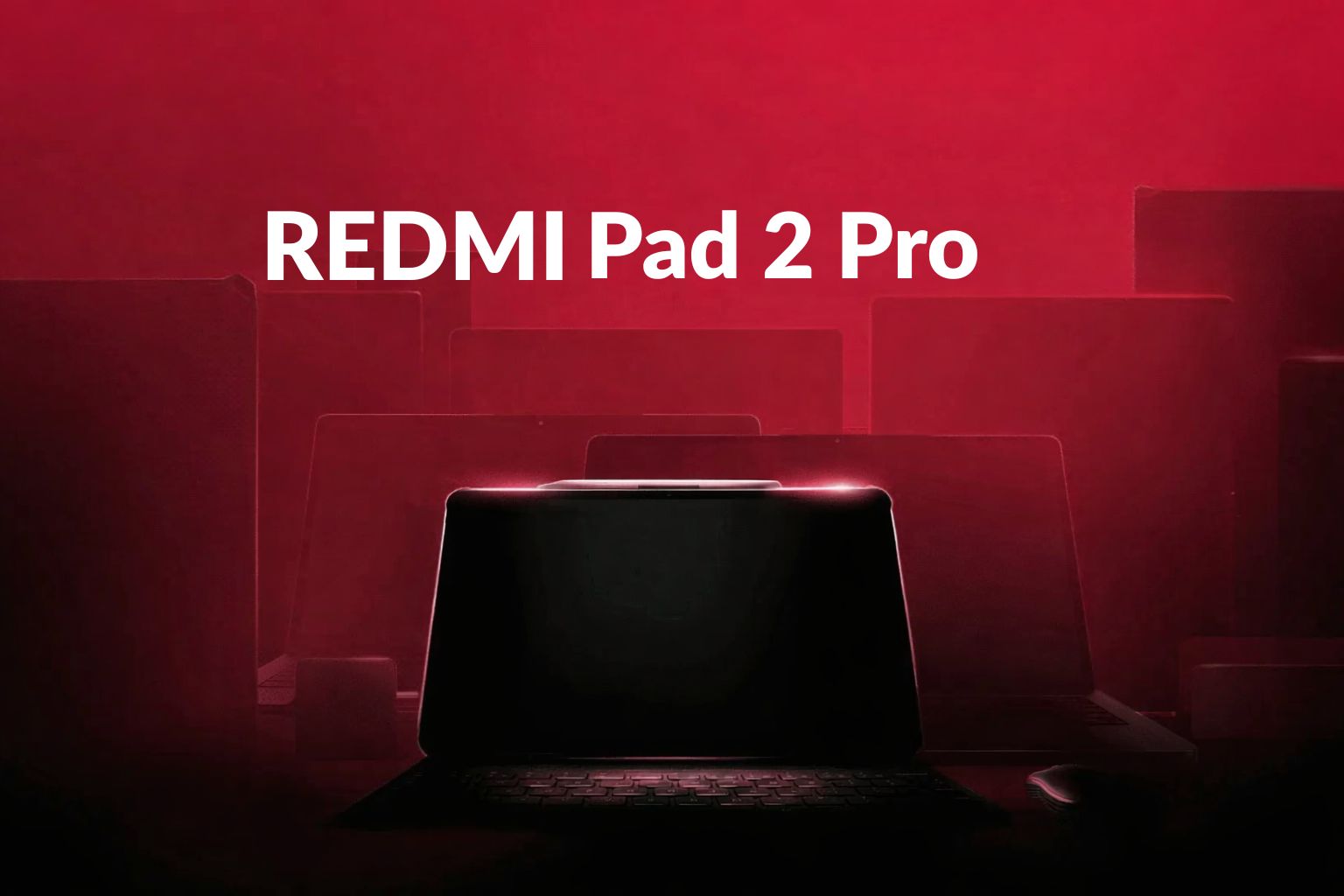 Red-lit promotional image of a tablet with a keyboard accessory, shown without on-screen text, highlighting a large display and productivity-focused design.