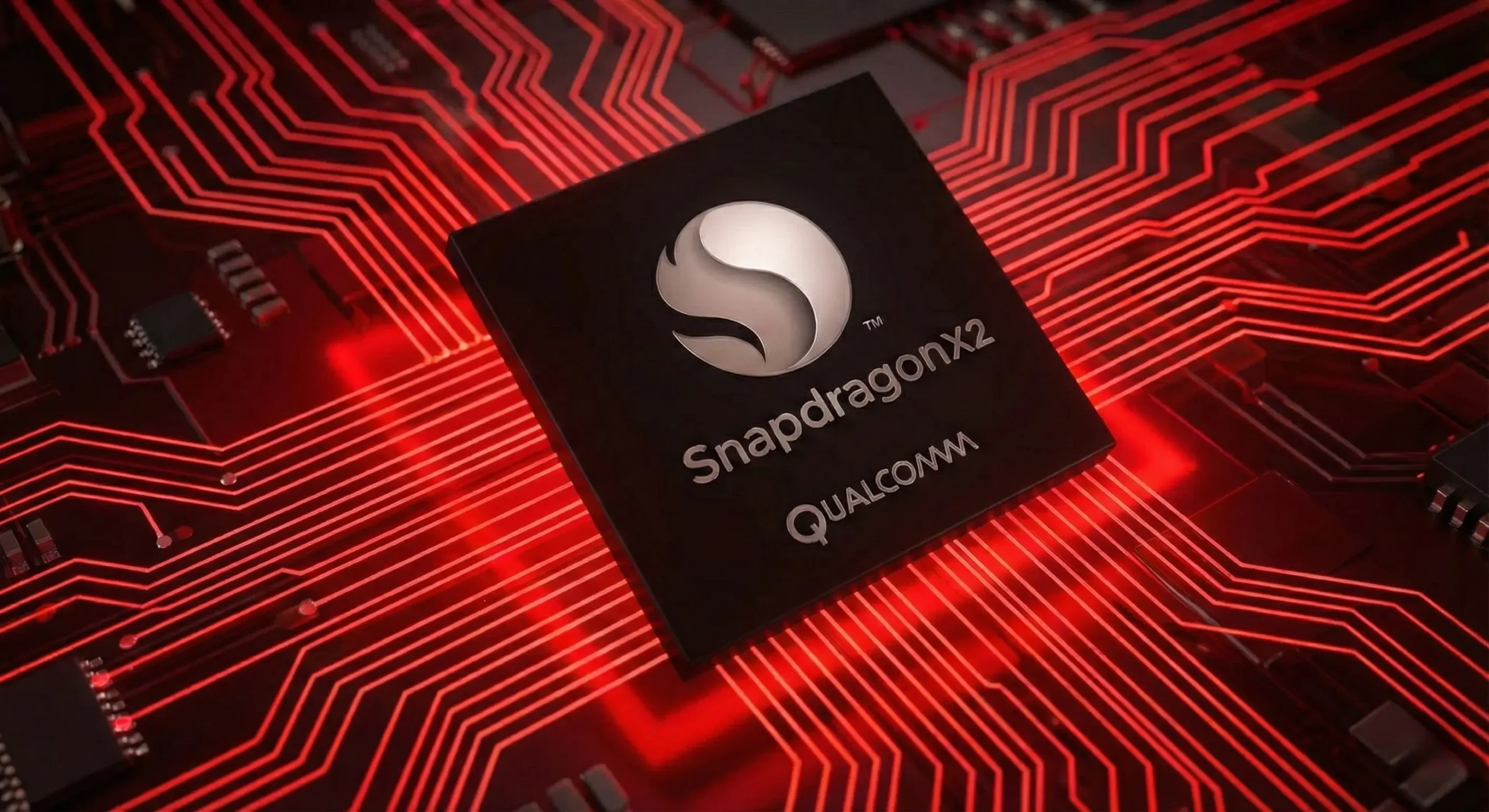 Realistic 3D render of the Qualcomm Snapdragon X2 chip standing on a red-themed circuit board for Windows laptops.